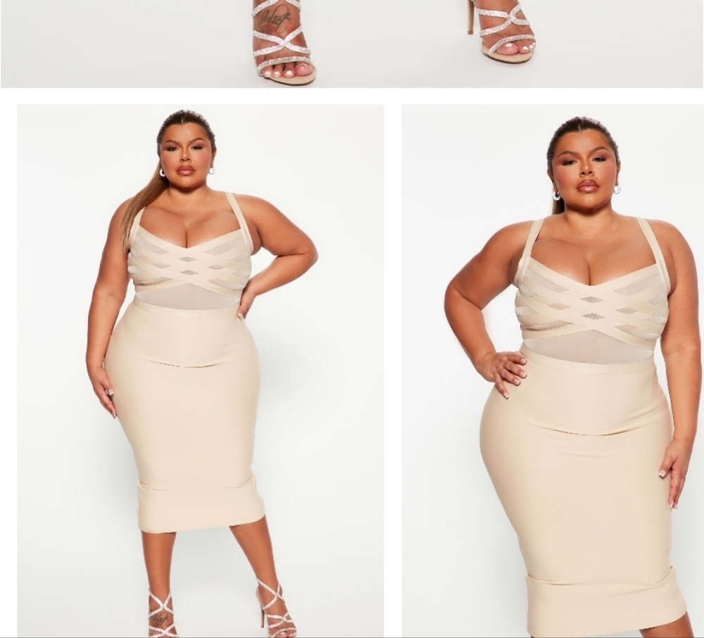 Fashion Nova Cream Ruched Midi Pencil Skirt